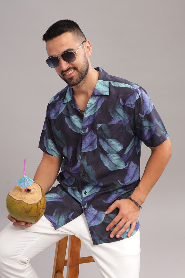 Retro Leaf Printed Half Sleeves Cuban Collar Shirt