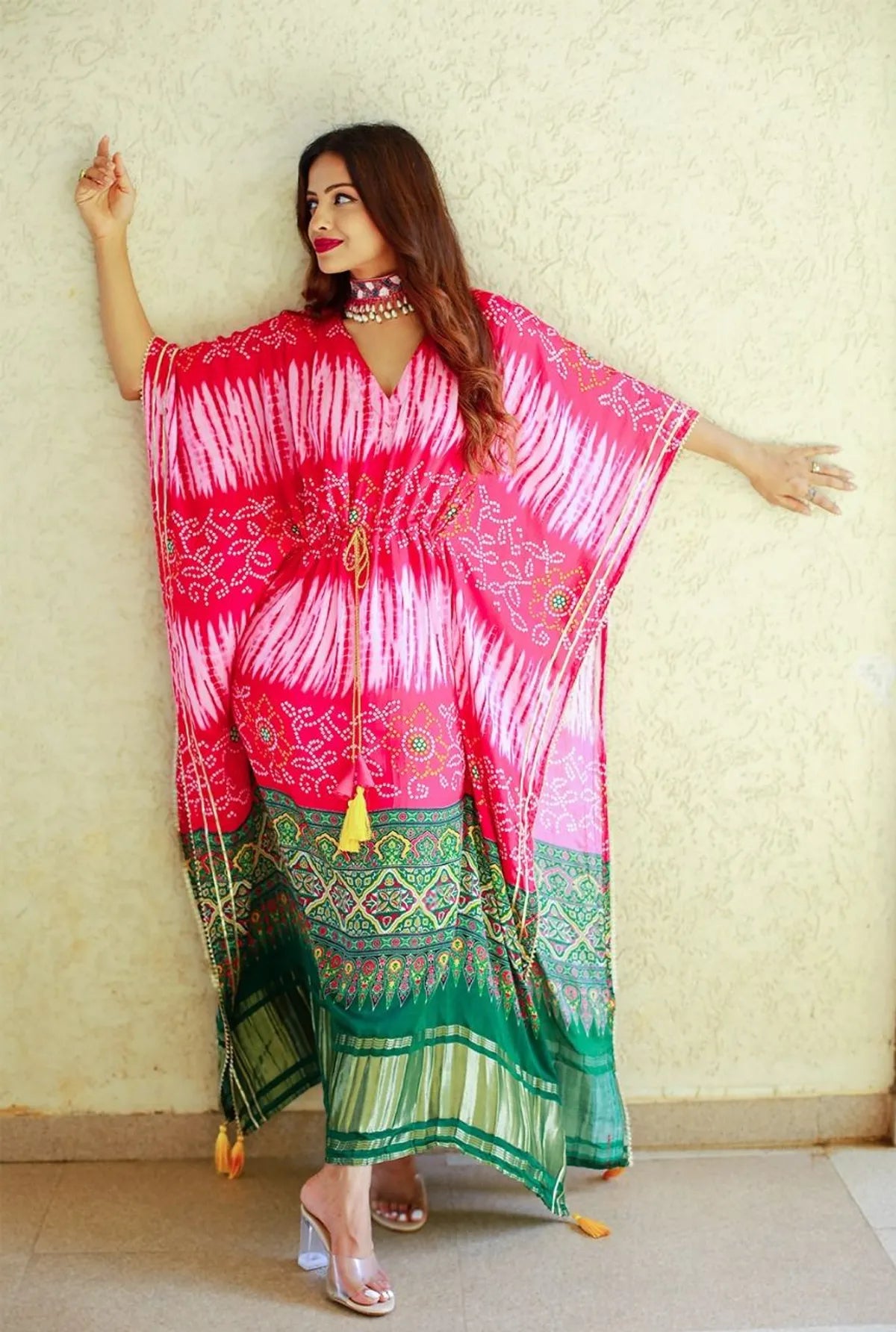 Crimson Reverie Bandhej Kaftan