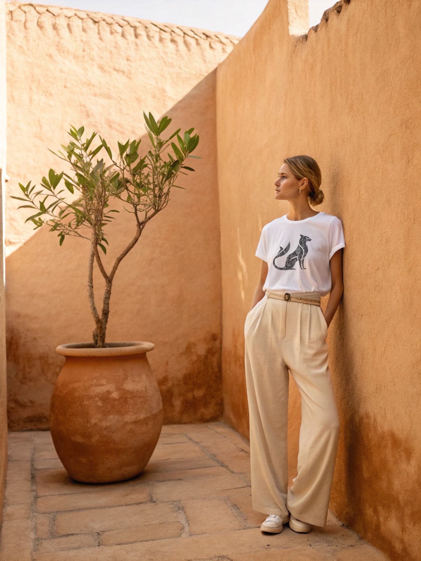 Woman standing in a sunlit courtyard with a potted plant and textured walls.