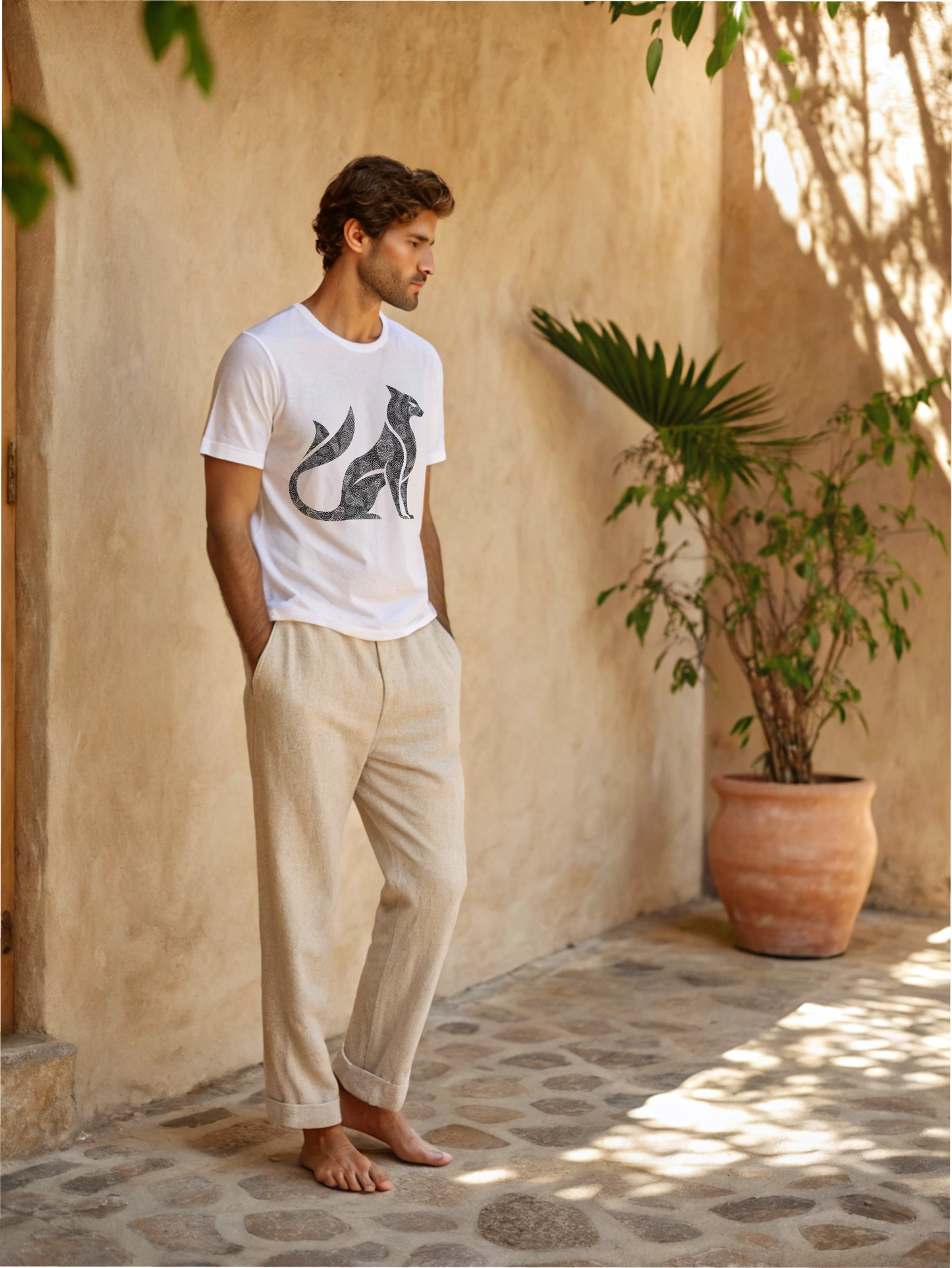 Man wearing a white t-shirt with a graphic design and beige pants standing in a sunlit outdoor setting.