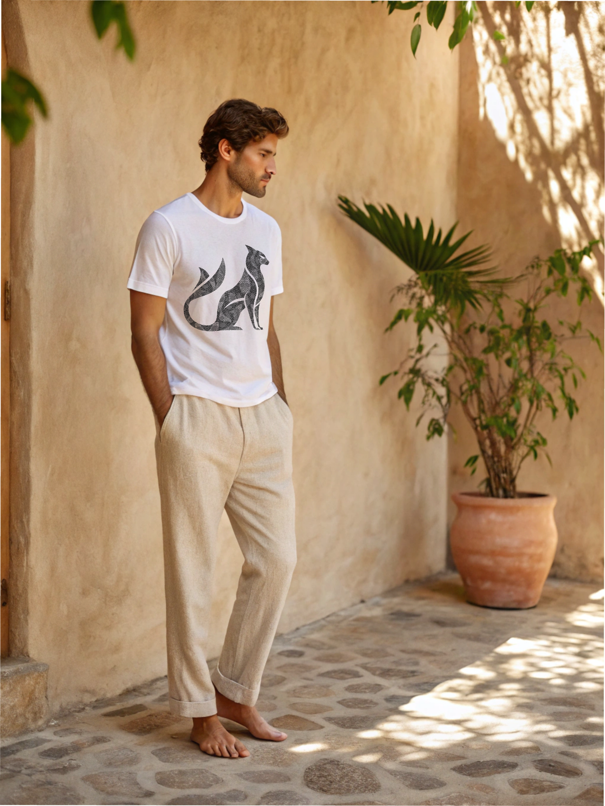 Man wearing a white t-shirt with a graphic design and beige pants standing in a sunlit outdoor setting.