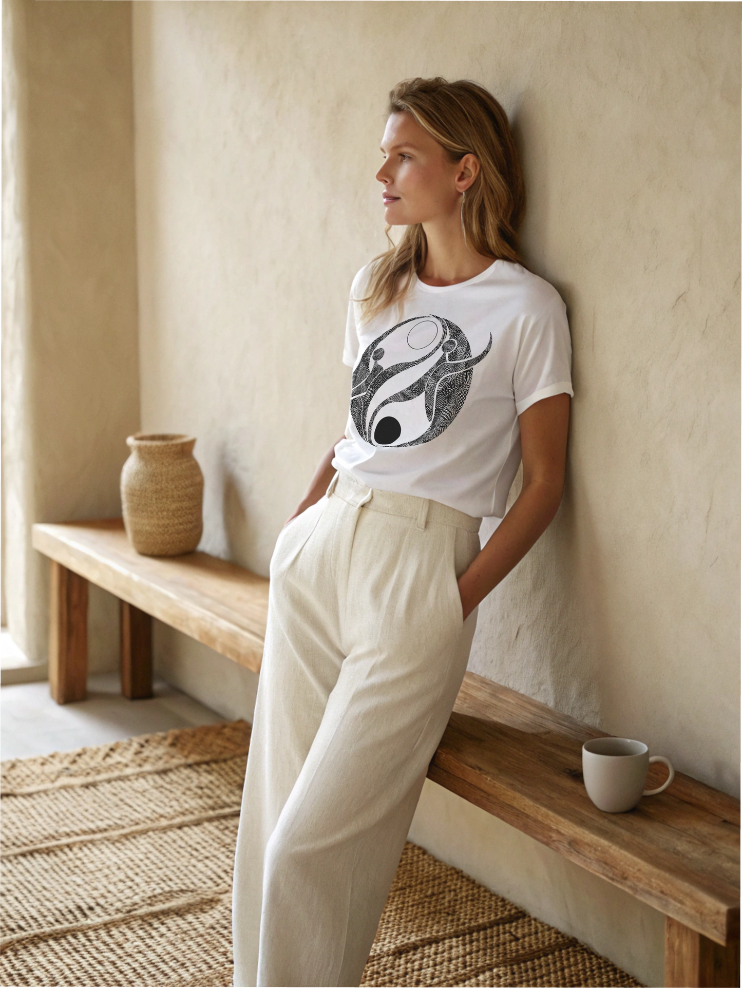 Woman wearing a white t-shirt with a black and white design, leaning against a wall in a room with wooden furniture and a vase.