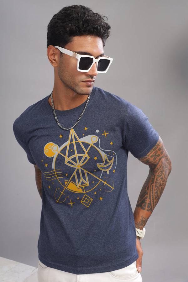 Lively Libra Denim Blue Half Sleeve Printed Round Neck T-Shirt