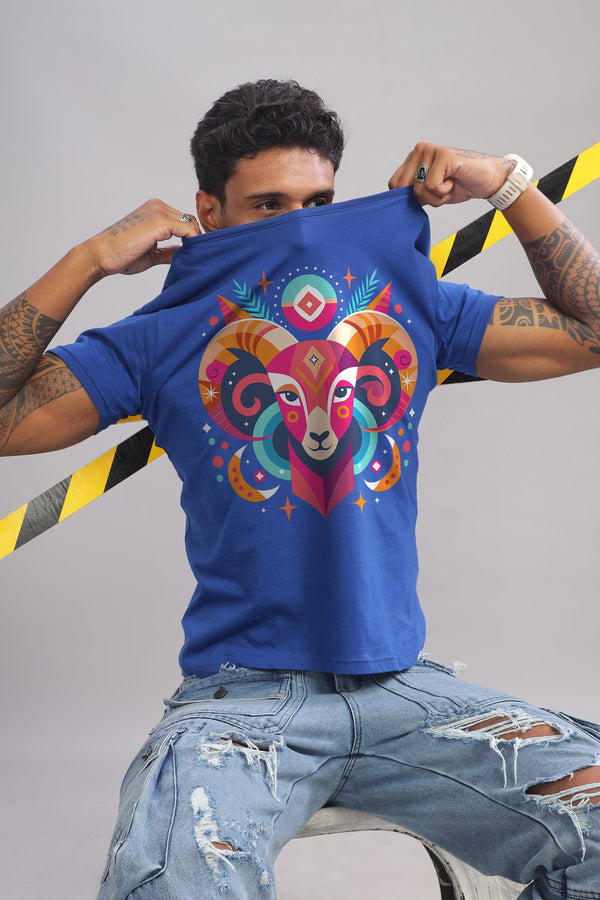 Aries Vibe Royal Blue Half Sleeve Printed Round Neck T-Shirt