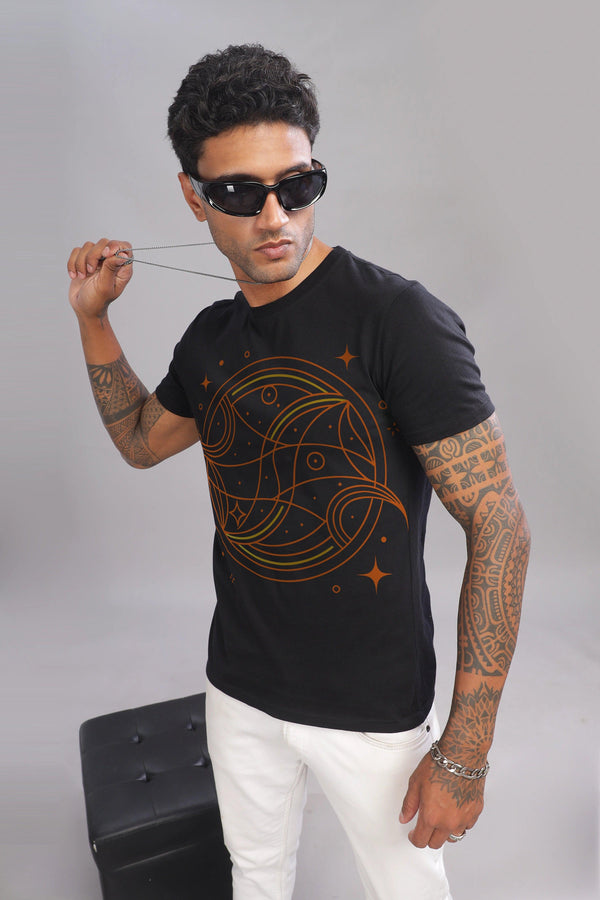 Peaceful Piscean Black Half Sleeve Printed Round Neck T-Shirt