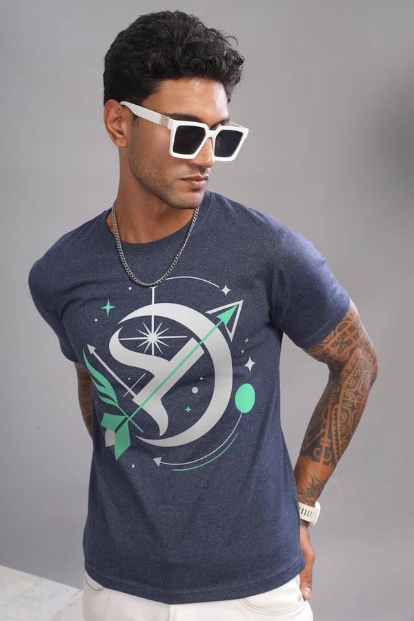 Starry Sagittarian Denim Blue Half Sleeve Printed Round Neck T-Shirt