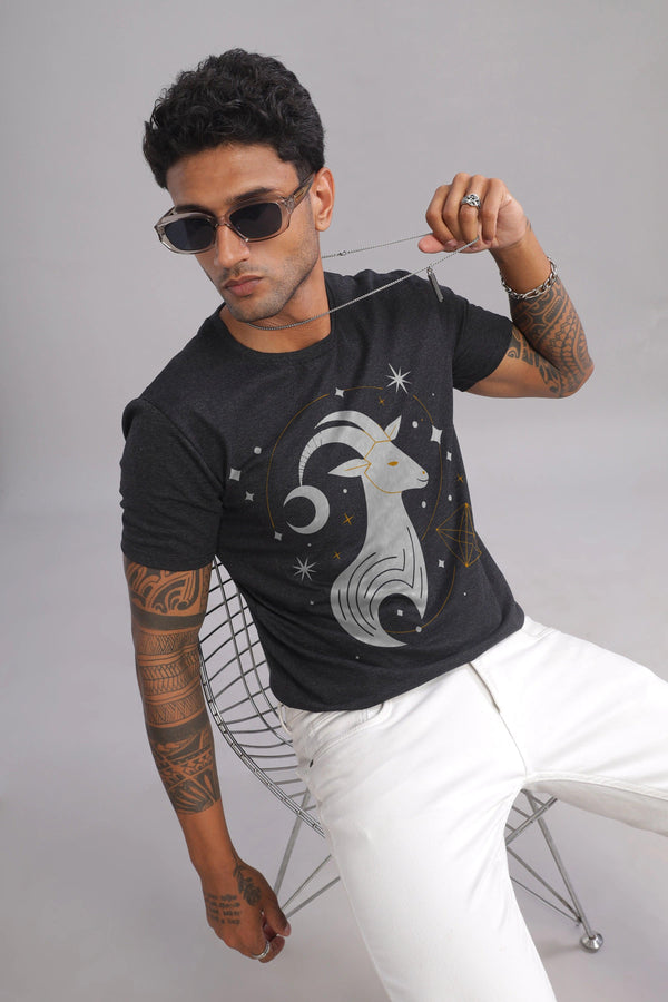 Cosmic Capricorn Charcoal Half Sleeve Printed Round Neck T-Shirt