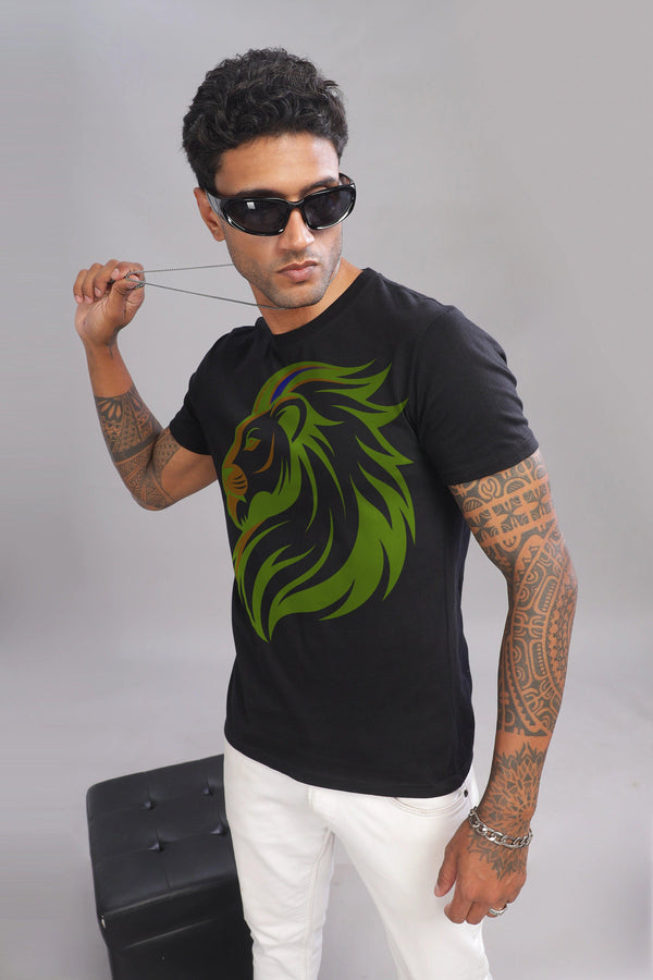 Lucky Leo Black Half Sleeve Printed Round Neck T-Shirt