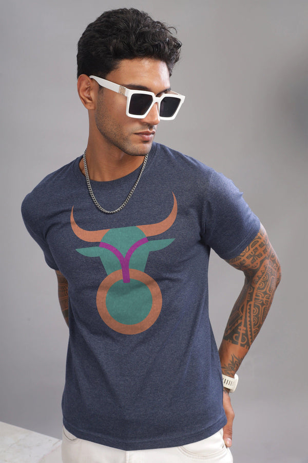 Trendy Taurus Denim Blue Half Sleeve Printed Round Neck T-Shirt