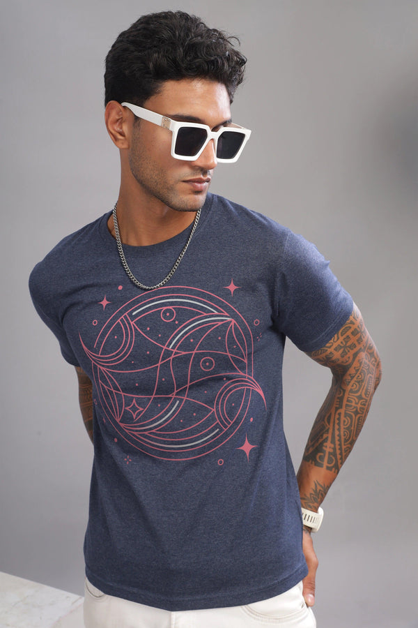 Peaceful Piscean Denim Blue Half Sleeve Printed Round Neck T-Shirt