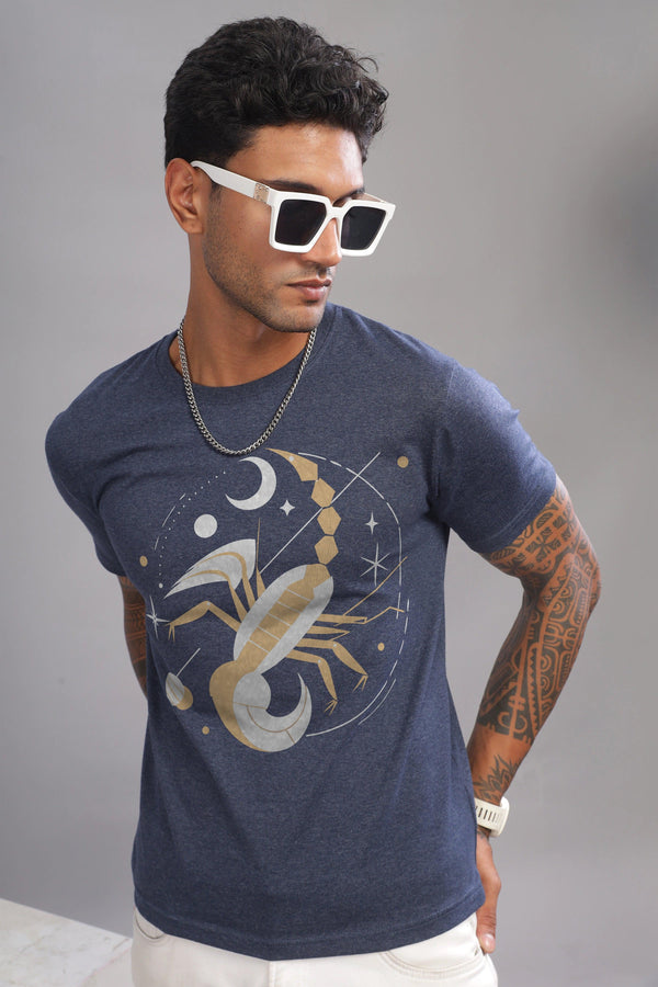 Stylish Scorpio Denim Blue Half Sleeve Printed Round Neck T-Shirt