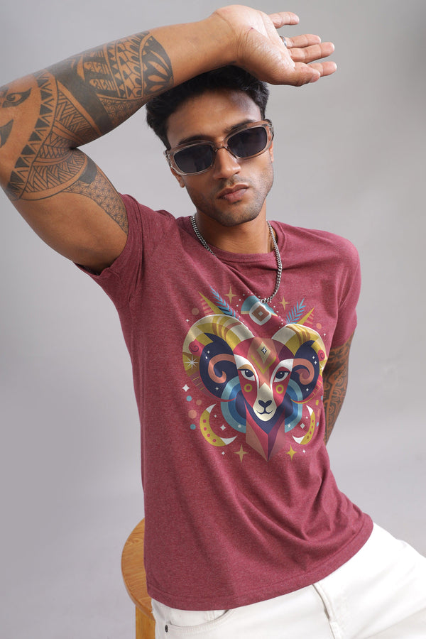 Aries Vibe Maroon Half Sleeve Printed Round Neck T-Shirt