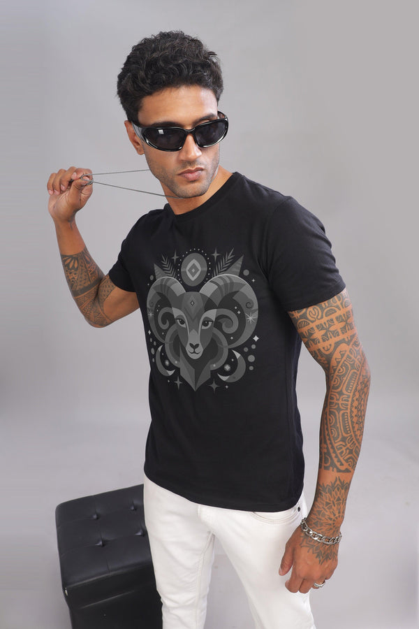 Aries Vibe Black Half Sleeve Printed Round Neck T-Shirt