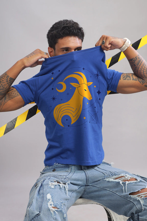 Cosmic Capricorn Royal Blue Half Sleeve Printed Round Neck T-Shirt