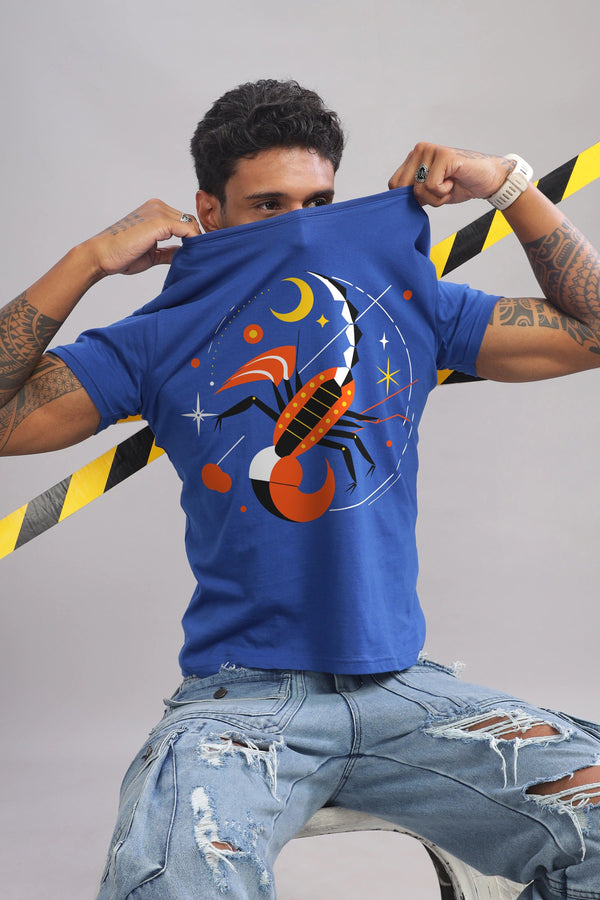 Stylish Scorpio Royal Blue Half Sleeve Printed Round Neck T-Shirt