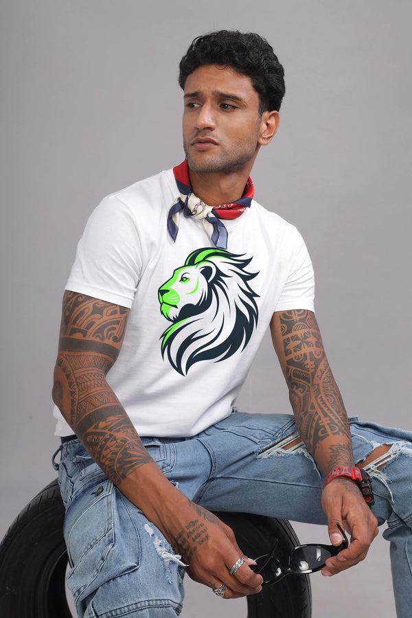 Lucky Leo White Half Sleeve Printed Round Neck T-Shirt