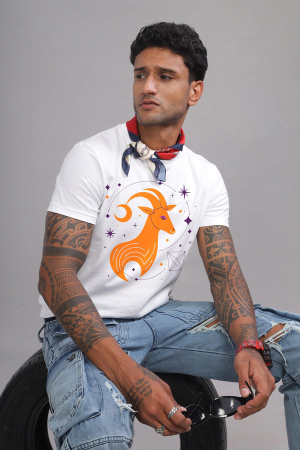 Cosmic Capricorn White Half Sleeve Printed Round Neck T-Shirt