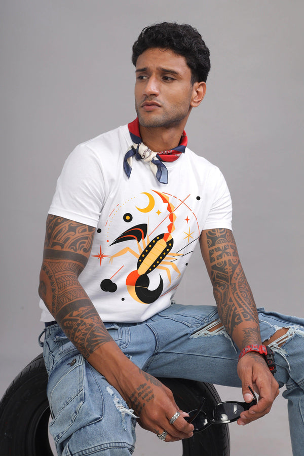 Stylish Scorpio White Half Sleeve Printed Round Neck T-Shirt