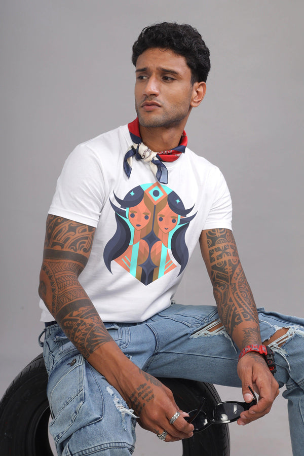 Gemini Guru White Half Sleeve Printed Round Neck T-Shirt