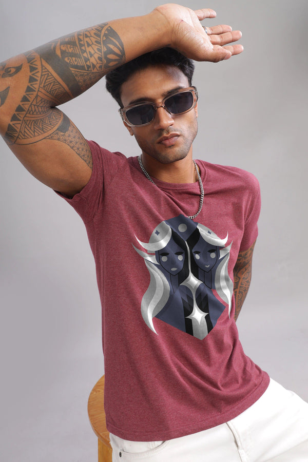 Gemini Guru Maroon Half Sleeve Printed Round Neck T-Shirt