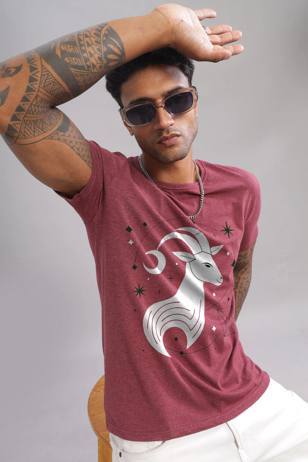 Cosmic Capricorn Maroon Half Sleeve Printed Round Neck T-Shirt