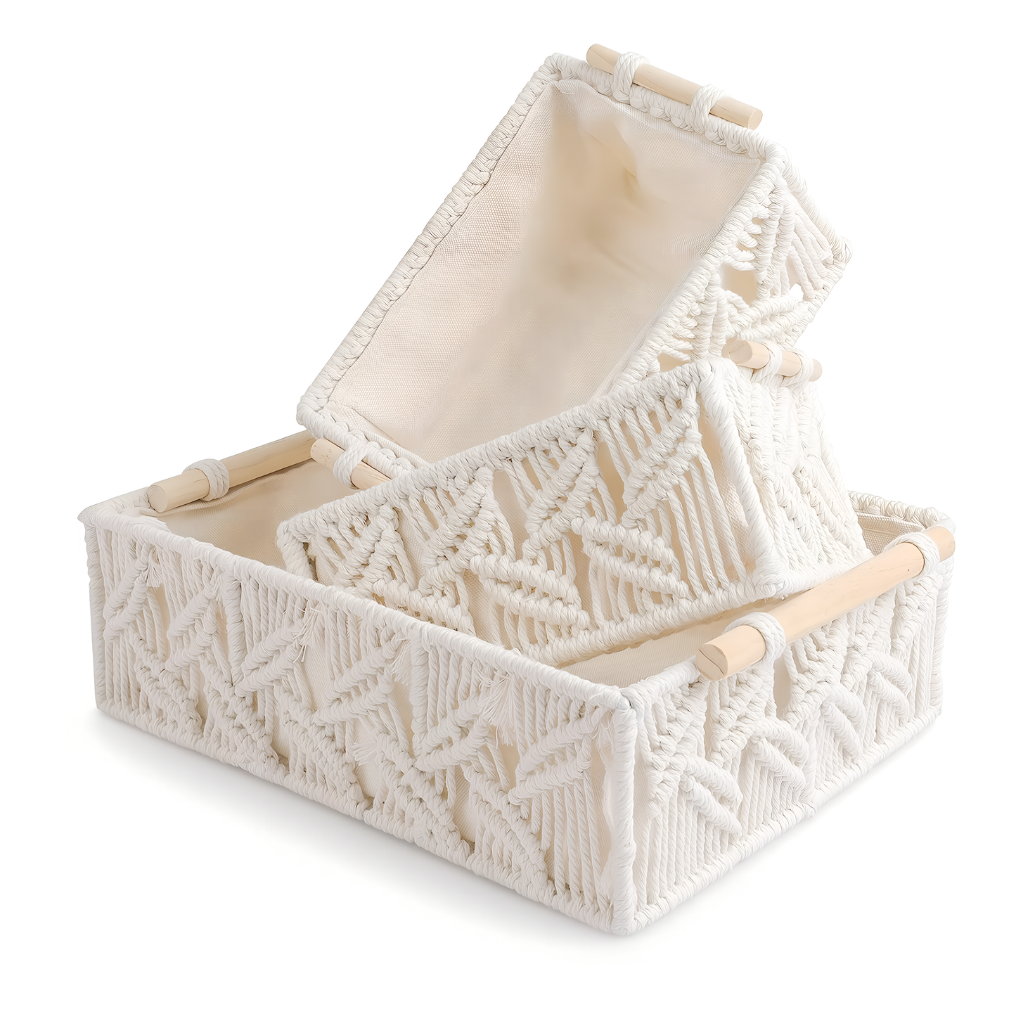 Zahra Chevron Macramé Basket Set – Ivory (Set of 3)