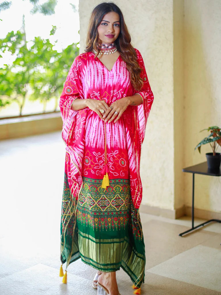 Crimson Reverie Bandhej Kaftan