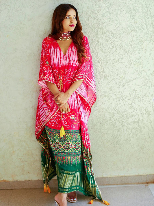 Crimson Reverie Bandhej Kaftan