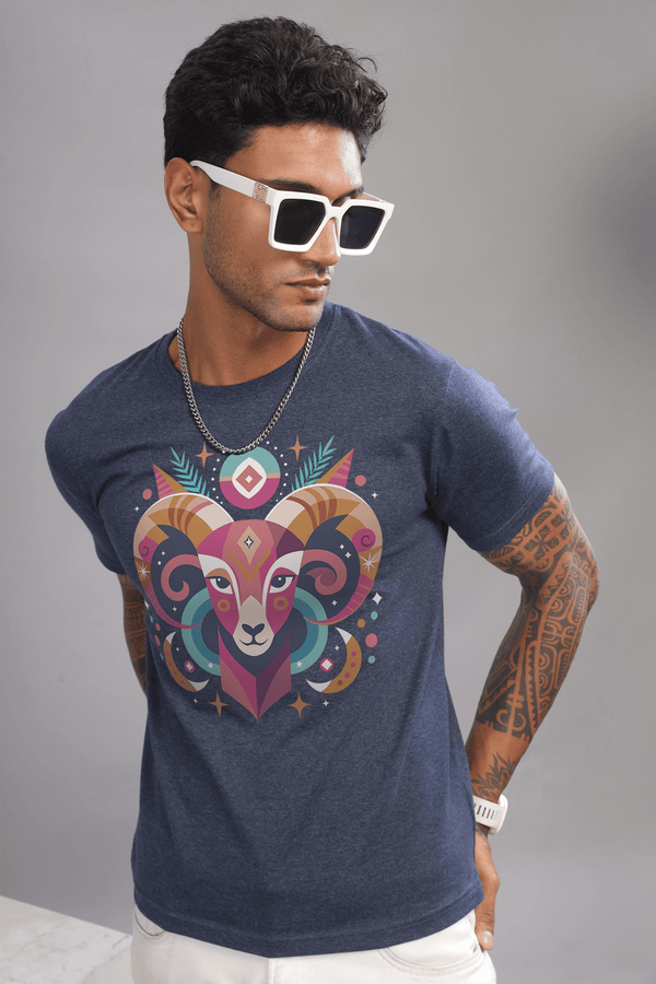 Aries Vibe Denim Blue Half Sleeve Printed Round Neck T-Shirt