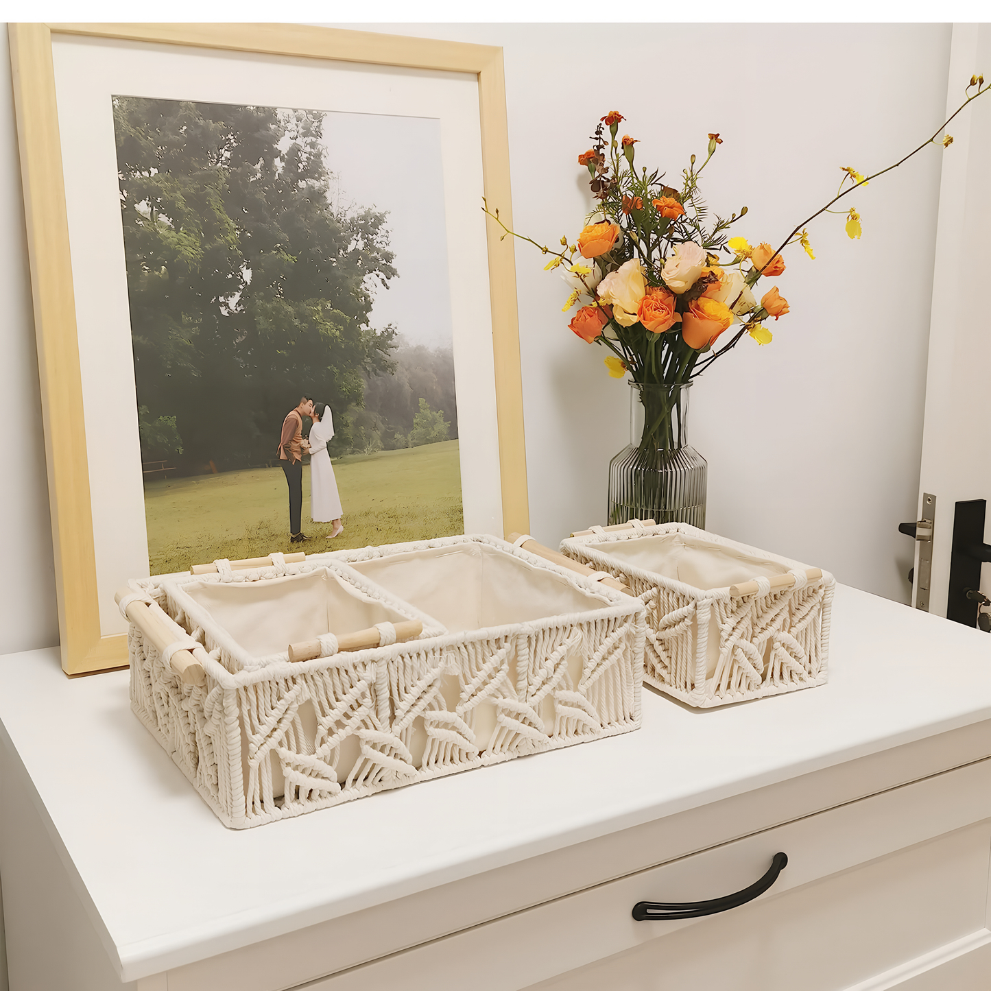 Zahra Chevron Macramé Basket Set – Ivory (Set of 3)